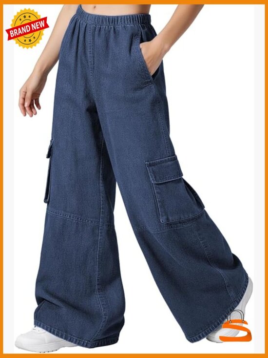 Denim - Y2K Baggy Cargo Pants High Waisted Wide Leg Straight Jeans Multi-Pocket